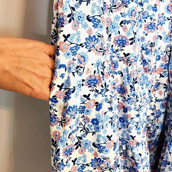 NWT Eliza J Floral Button Front Tiered Puff Sleeve 100% Cotton Shirt Dress SZ 0 - Picture 6 of 10